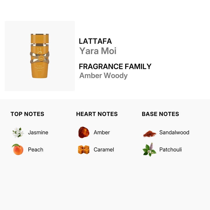 Lattafa Yara Moi Perfume Oil for Women 0.67 oz Amber Woody Fragrance Jasmine Peach